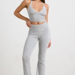Chunky Knit Kick Flare Trousers in Heather Grey