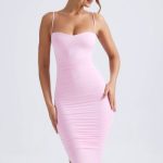 Asymmetric Ruched Midi Dress in Light Pink - Image 8