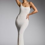 Embellished Asymmetric Maxi Dress in White