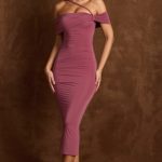 Off-Shoulder Draped Midaxi Dress in Dark Rose - Image 6