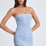 Bandeau Lace-Up Mini Dress in Light Blue Stonewash