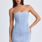 Bandeau Lace-Up Mini Dress in Light Blue Stonewash - Image 5