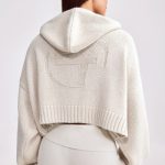 Cropped Zip-Up Chunky Knit Hoodie in Cream - Image 5