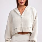 Cropped Zip-Up Chunky Knit Hoodie in Cream - Image 6