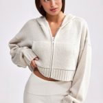Cropped Zip-Up Chunky Knit Hoodie in Cream - Image 7