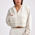 Cropped Zip-Up Chunky Knit Hoodie in Cream - Image 8