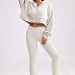 Cropped Zip-Up Chunky Knit Hoodie in Cream - Image 9
