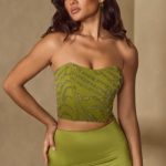 Embellished Bandeau Corset Top in Olive - Image 6