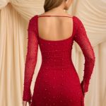 Embellished Cowl-Neck Draped Mini Dress in True Red - Image 2