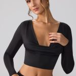 Slinky Jersey Plunge Neck Long Sleeve Crop Top Top in Black