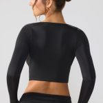Slinky Jersey Plunge Neck Long Sleeve Crop Top Top in Black - Image 2