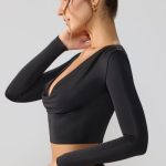 Slinky Jersey Plunge Neck Long Sleeve Crop Top Top in Black - Image 3