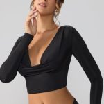 Slinky Jersey Plunge Neck Long Sleeve Crop Top Top in Black - Image 4
