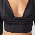 Slinky Jersey Plunge Neck Long Sleeve Crop Top Top in Black - Image 5
