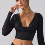Slinky Jersey Plunge Neck Long Sleeve Crop Top Top in Black - Image 6
