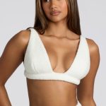 V Neck Fleece Bralette in White