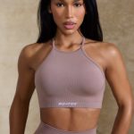 High Neck Open Back Define Luxe Sports Bra in Mocha - Image 2
