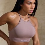High Neck Open Back Define Luxe Sports Bra in Mocha - Image 3