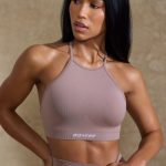 High Neck Open Back Define Luxe Sports Bra in Mocha - Image 5