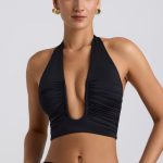 Slinky Jersey Ruched Halterneck Top in Black - Image 5
