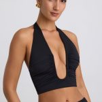 Slinky Jersey Ruched Halterneck Top in Black - Image 8