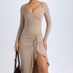 Modal Ruffled Midaxi Dress in Taupe - Image 9