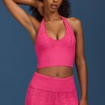 Cable-Knit Halterneck Crop Top in Hot Pink