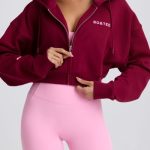 Cropped Zip-Up Hoodie in Burgundy - Image 4