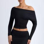 Modal One-Shoulder Ruched Top in Black - Image 7