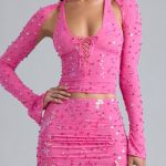 Embellished Cut-Out Halterneck Top in Bubblegum Pink - Image 5