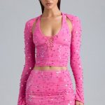 Embellished Cut-Out Halterneck Top in Bubblegum Pink - Image 6