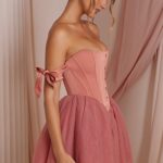Off Shoulder Tulle Skirt Mini Dress in Terracotta - Image 3