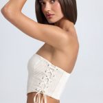 Bandeau Lace-Up Corset Crop Top in Ecru - Image 3