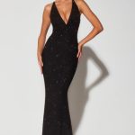 Embellished Plunge Halter Neck Evening Gown in Black