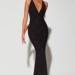 Embellished Plunge Halter Neck Evening Gown in Black - Image 8