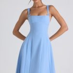 Bow-Detail Pleated A-Line Midi Dress in Sky Blue