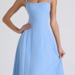Bow-Detail Pleated A-Line Midi Dress in Sky Blue - Image 5