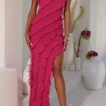 Cross Strap Ruffle Floor Length Dress in Fuchsia - Image 4