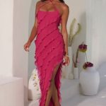 Cross Strap Ruffle Floor Length Dress in Fuchsia - Image 8