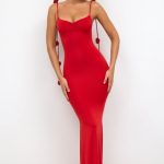 Slinky Jersey Rose Detail Evening Gown in Scarlet Red - Image 2