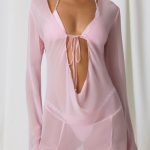 Pearl-Detail Cowl-Neck Micro Mini Dress in Soft Pink - Image 4