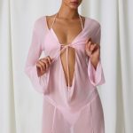 Pearl-Detail Cowl-Neck Micro Mini Dress in Soft Pink - Image 6