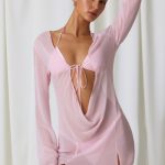 Pearl-Detail Cowl-Neck Micro Mini Dress in Soft Pink - Image 7