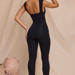 Plunge Neck Ruched Waist Jumpsuit in Black - Image 2