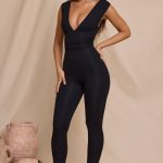 Plunge Neck Ruched Waist Jumpsuit in Black - Image 6