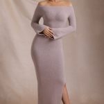 Ribbed-Knit Off-Shoulder Maxi Dress in Taupe - Image 7