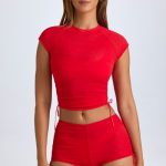 Sheer Ruched Cropped T-Shirt in Fiery Red