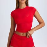 Sheer Ruched Cropped T-Shirt in Fiery Red - Image 2