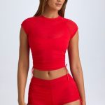 Sheer Ruched Cropped T-Shirt in Fiery Red - Image 3