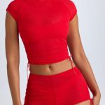 Sheer Ruched Cropped T-Shirt in Fiery Red - Image 4
